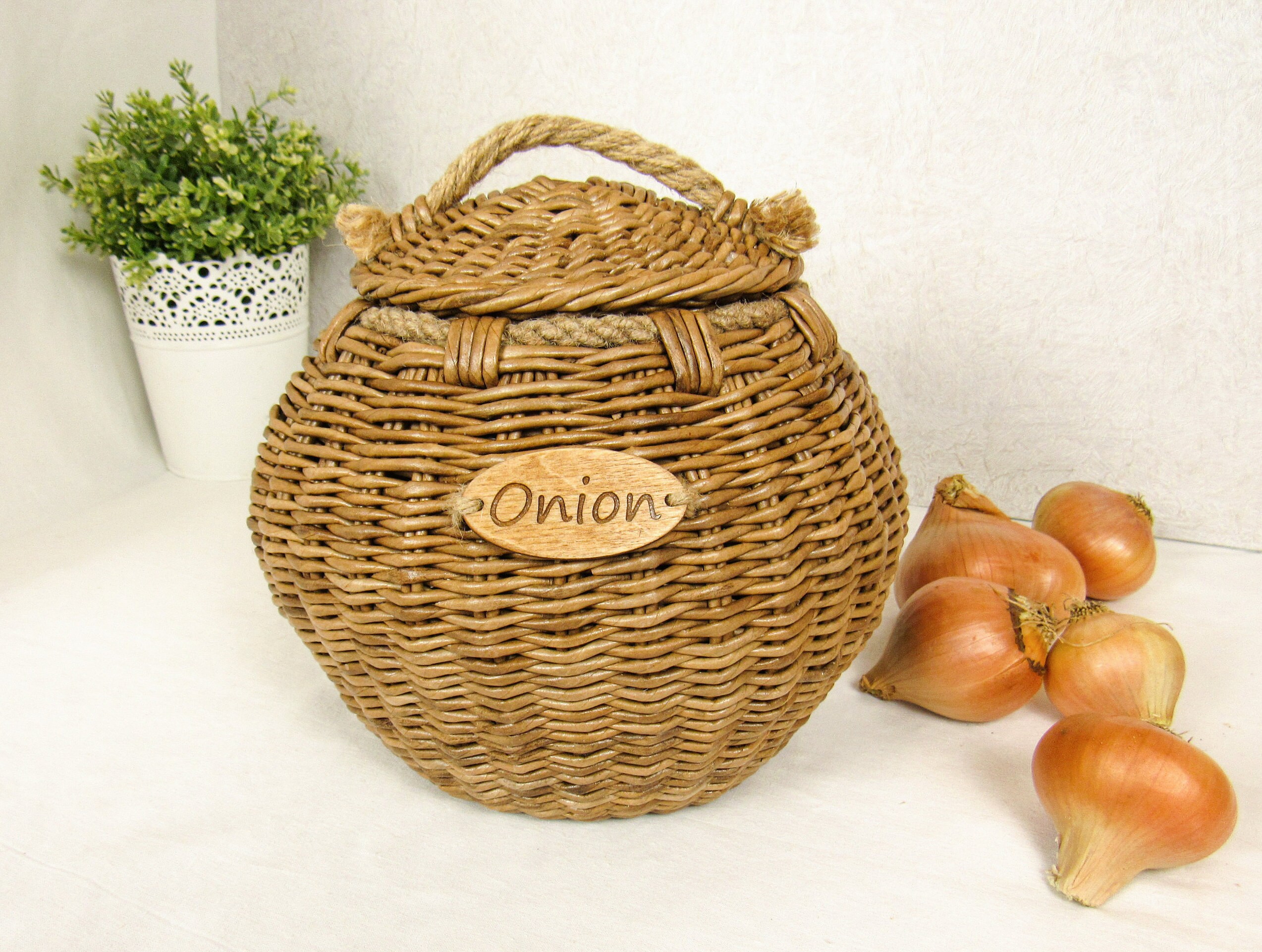 Wicker handmade lidded onion basket for storage kitchen Etsy