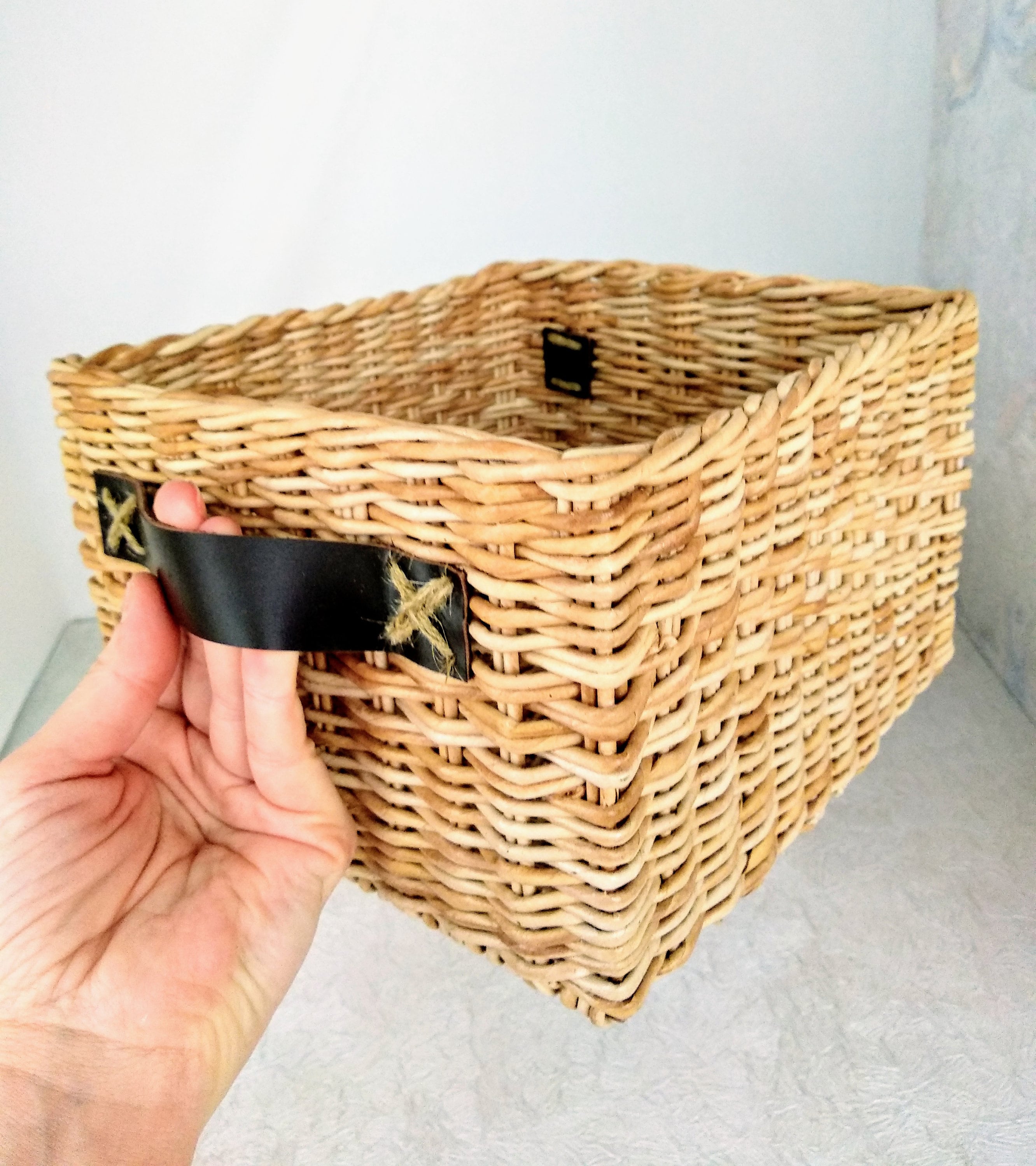 Wicker rectangular basket with decorative leather handles Etsy