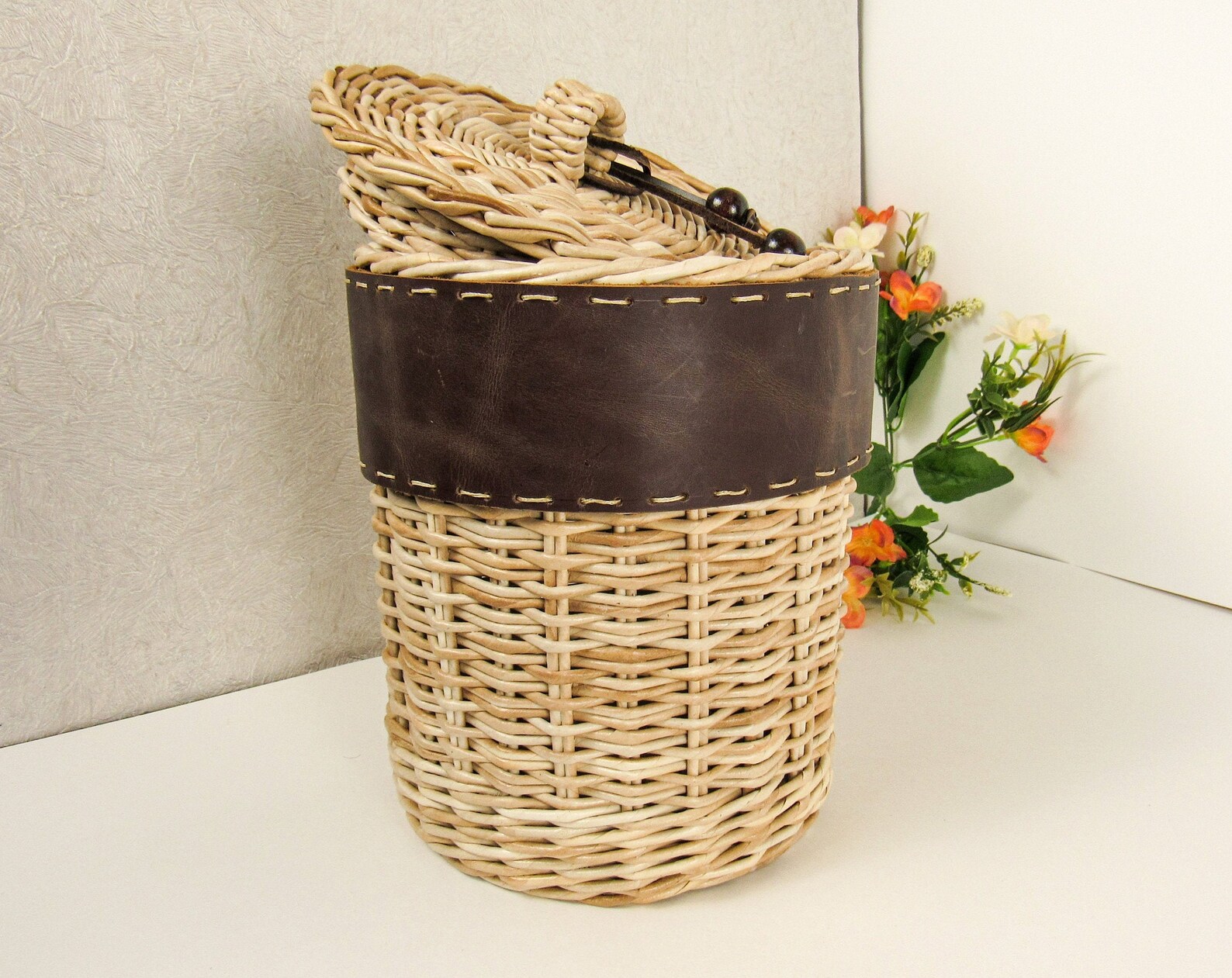 Cottagecore decor wicker basket with lid and leather decor Etsy
