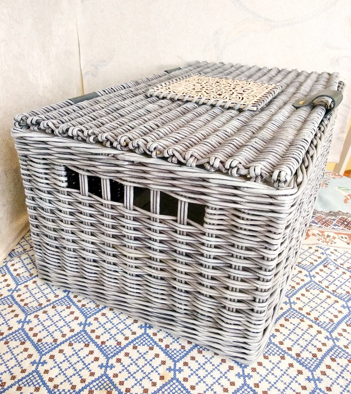 Big wicker rectangular basket with lid and handles gray color Etsy