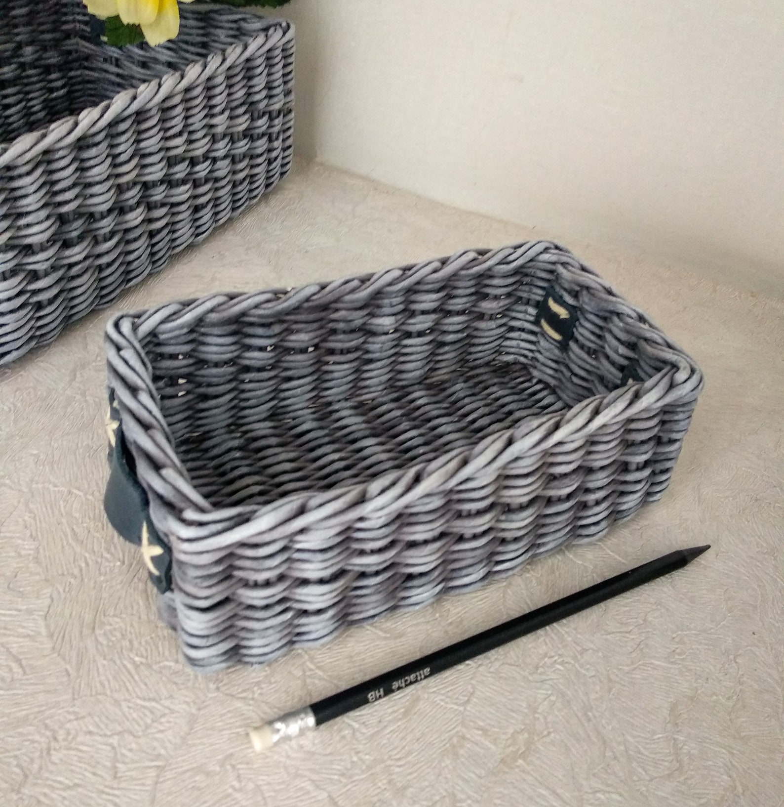 Grey Wicker Rectangular Basket With Leather Handles Etsy