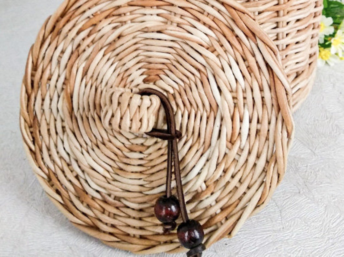 Cottagecore decor wicker basket with lid and leather decor Etsy