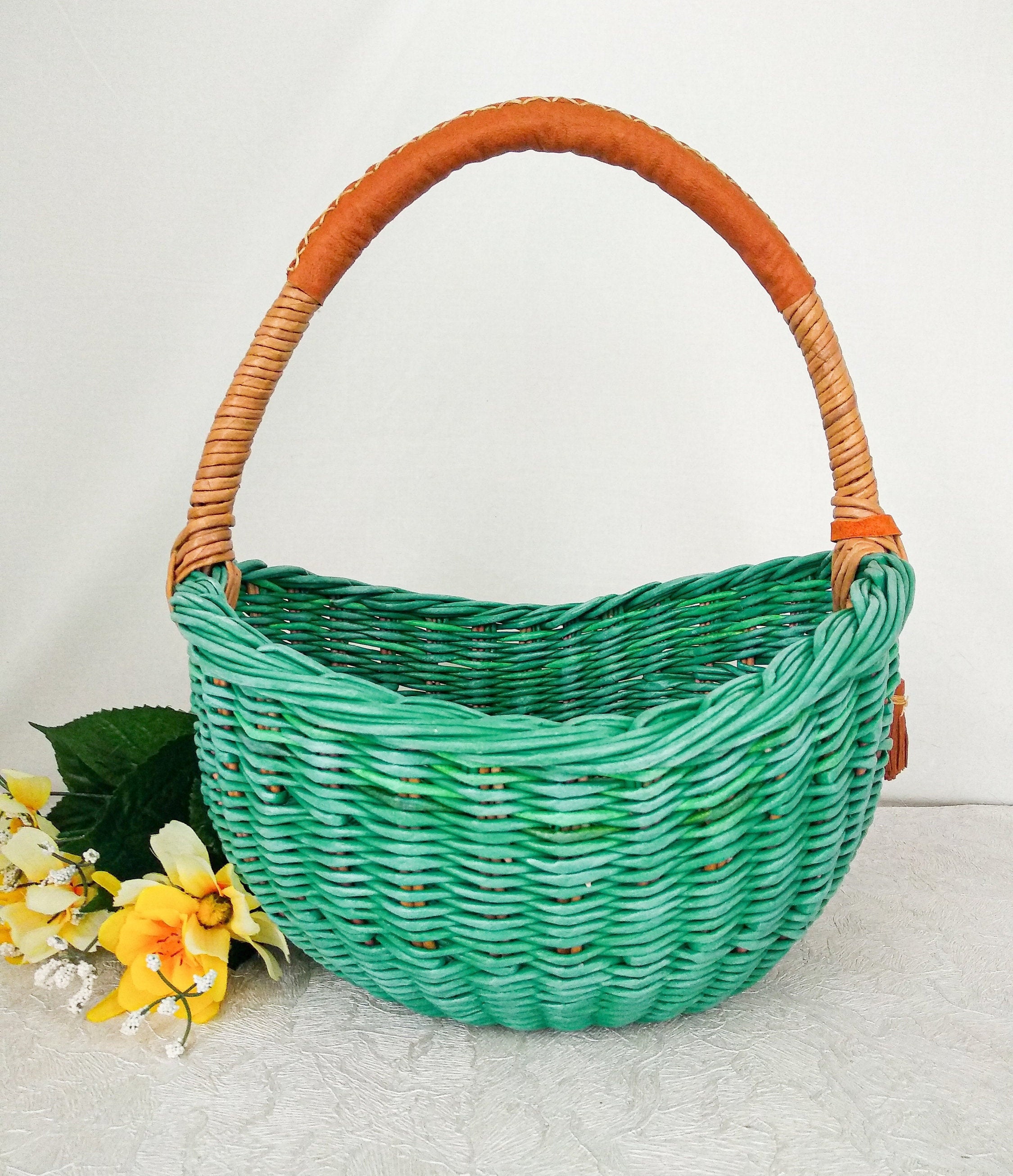 Wicker fruits basket with leather handle Wicker picnic basket Etsy