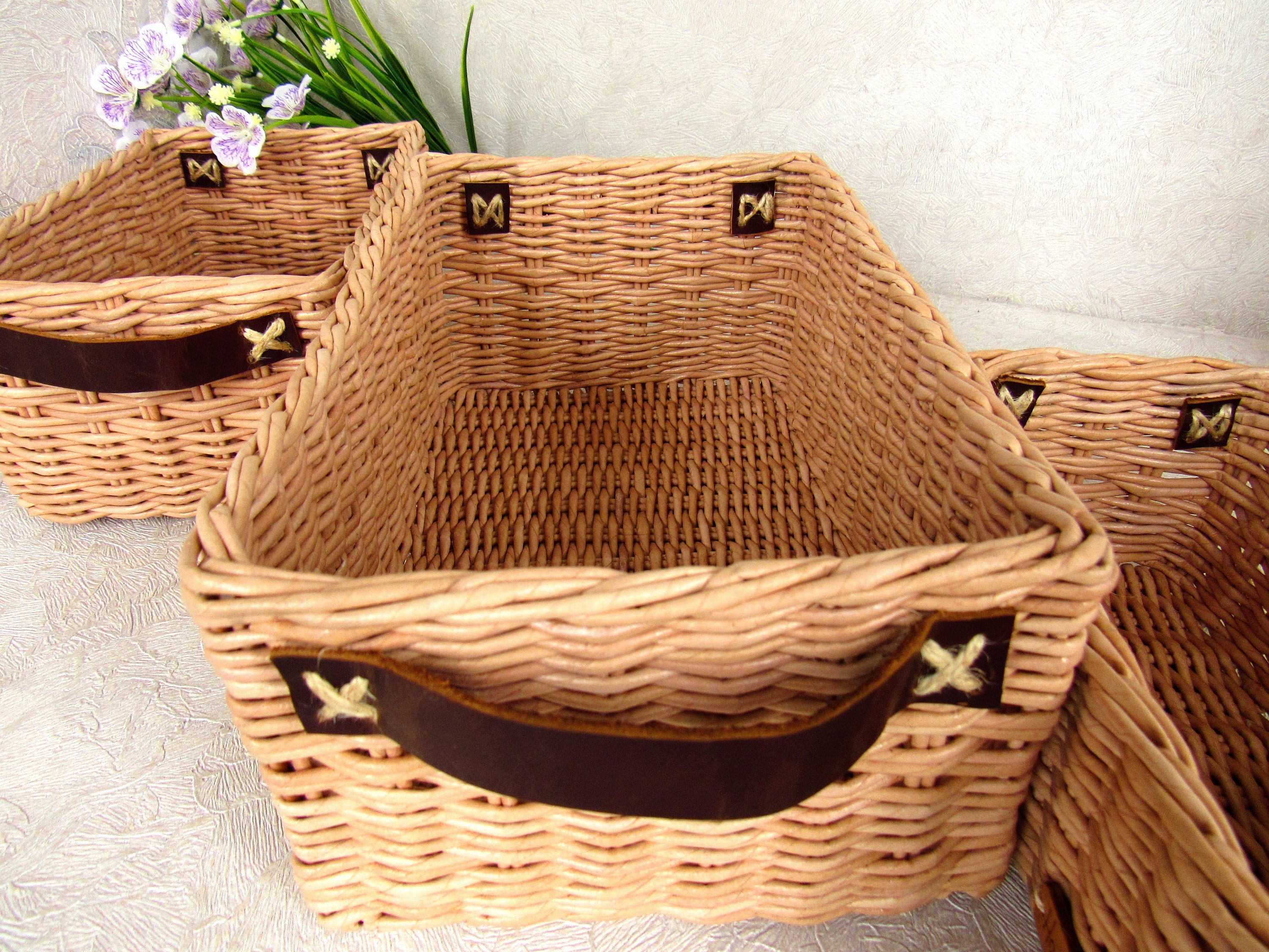 Wicker rectangular basket with decorative leather handles Etsy