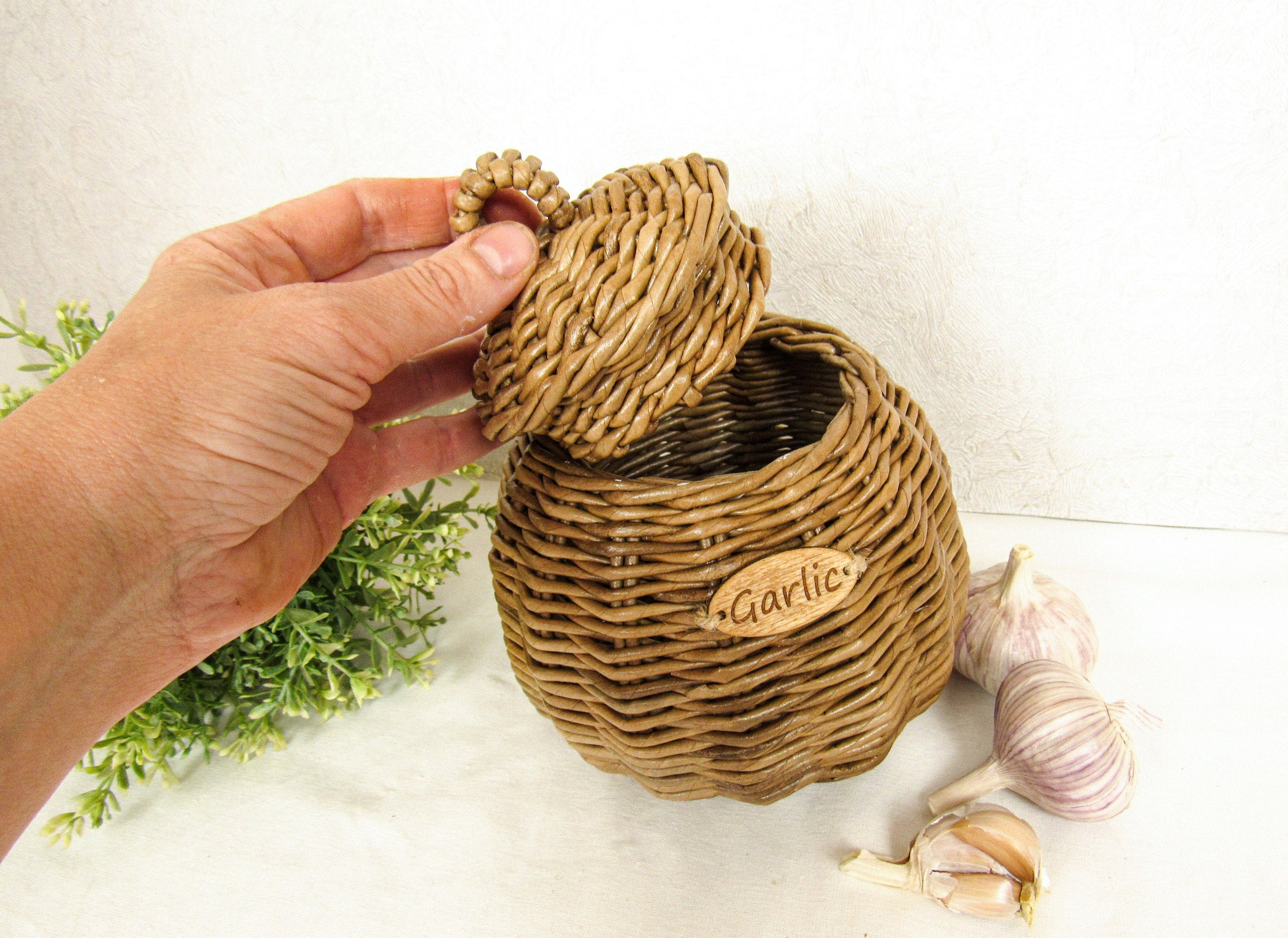 Wicker handmade lidded garlic basket for storage kitchen Etsy