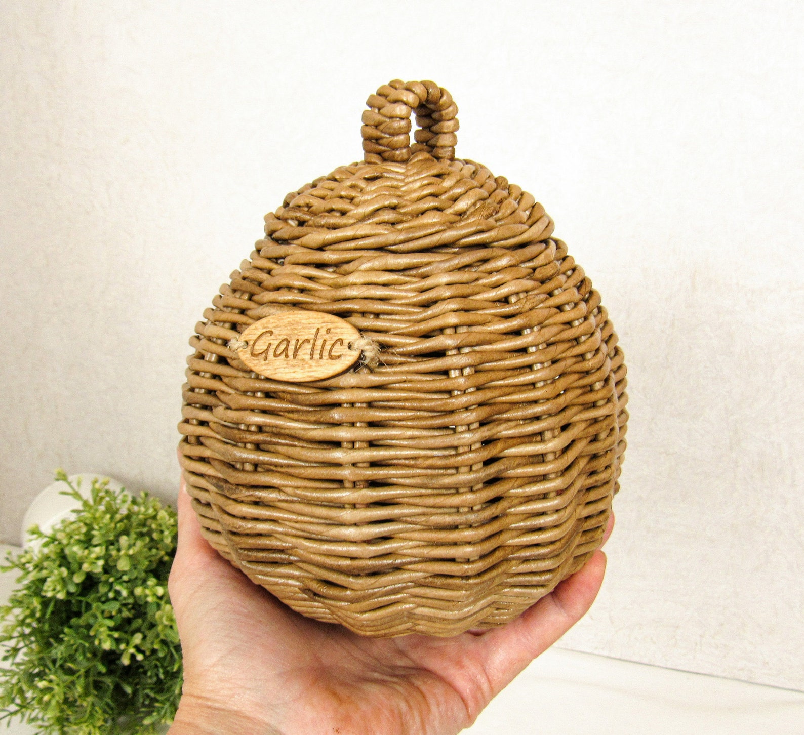 Wicker handmade lidded garlic basket for storage kitchen Etsy