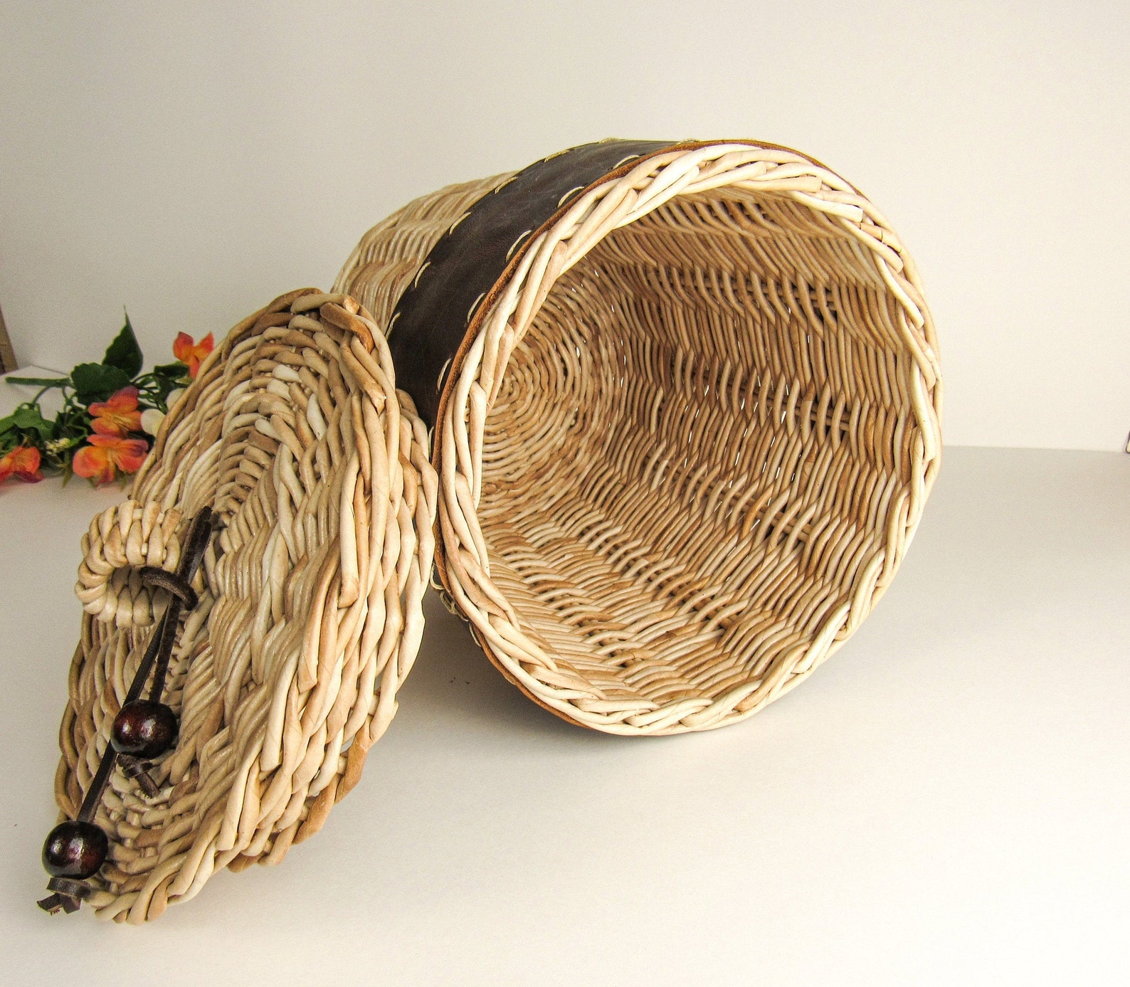 Cottagecore decor wicker basket with lid and leather decor Etsy