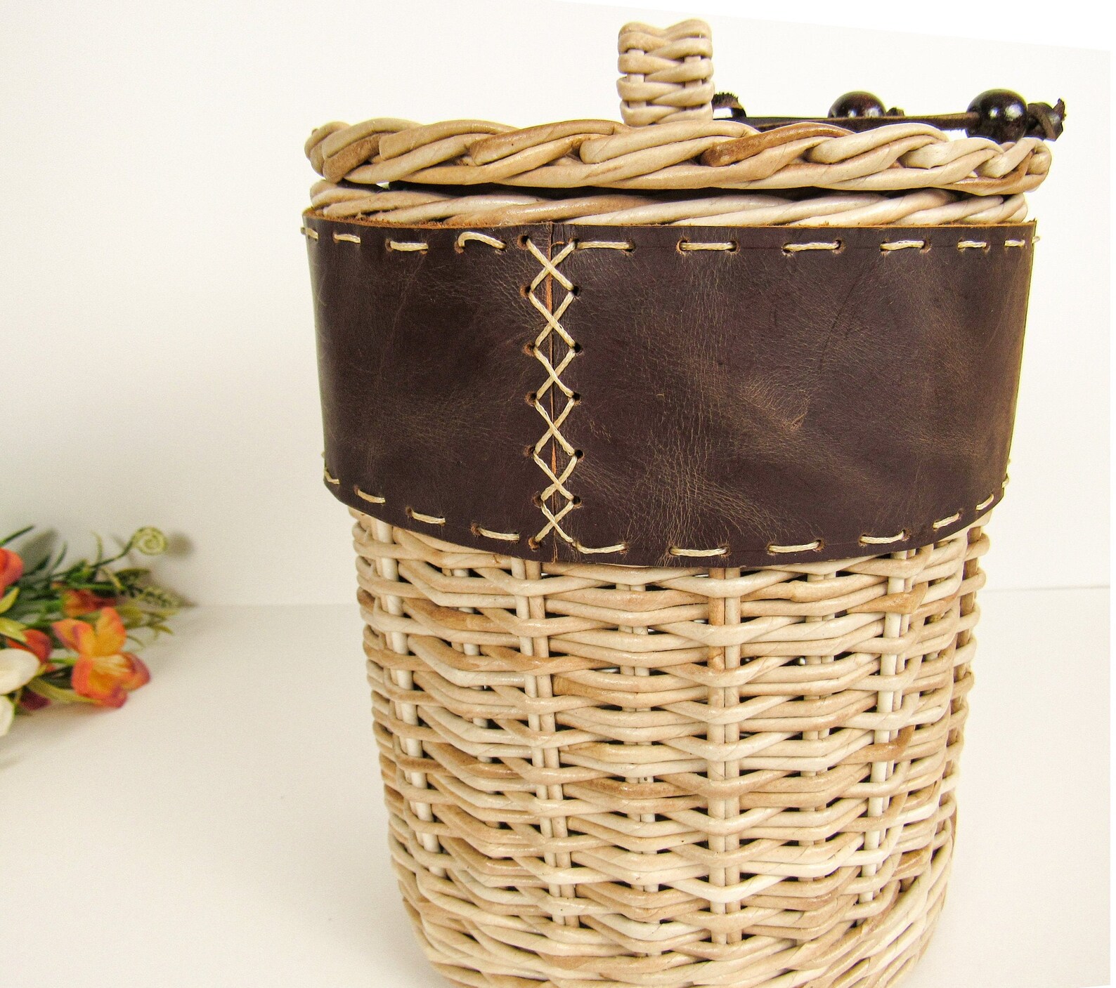 Cottagecore decor wicker basket with lid and leather decor Etsy