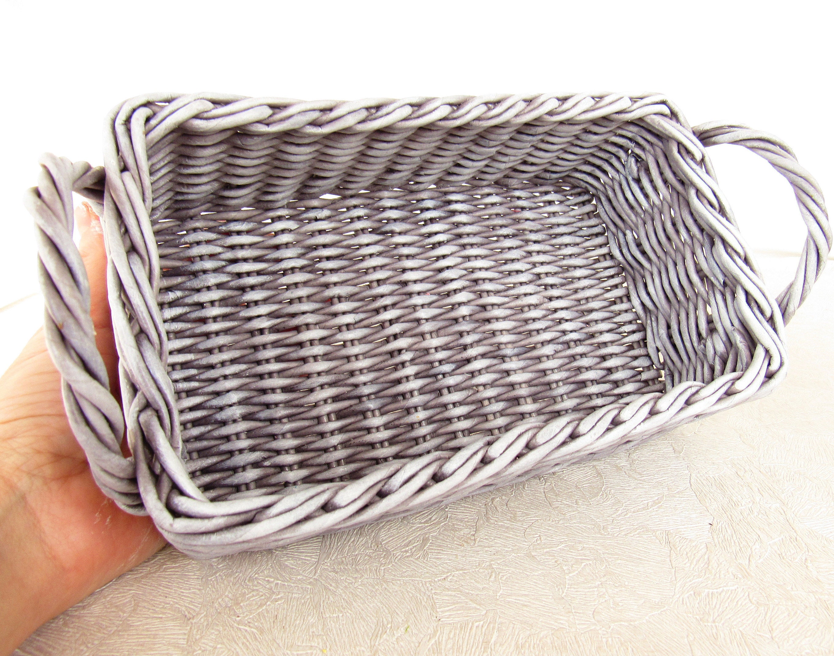 Grey wicker rectangle basket with handles Wicker storage box Etsy