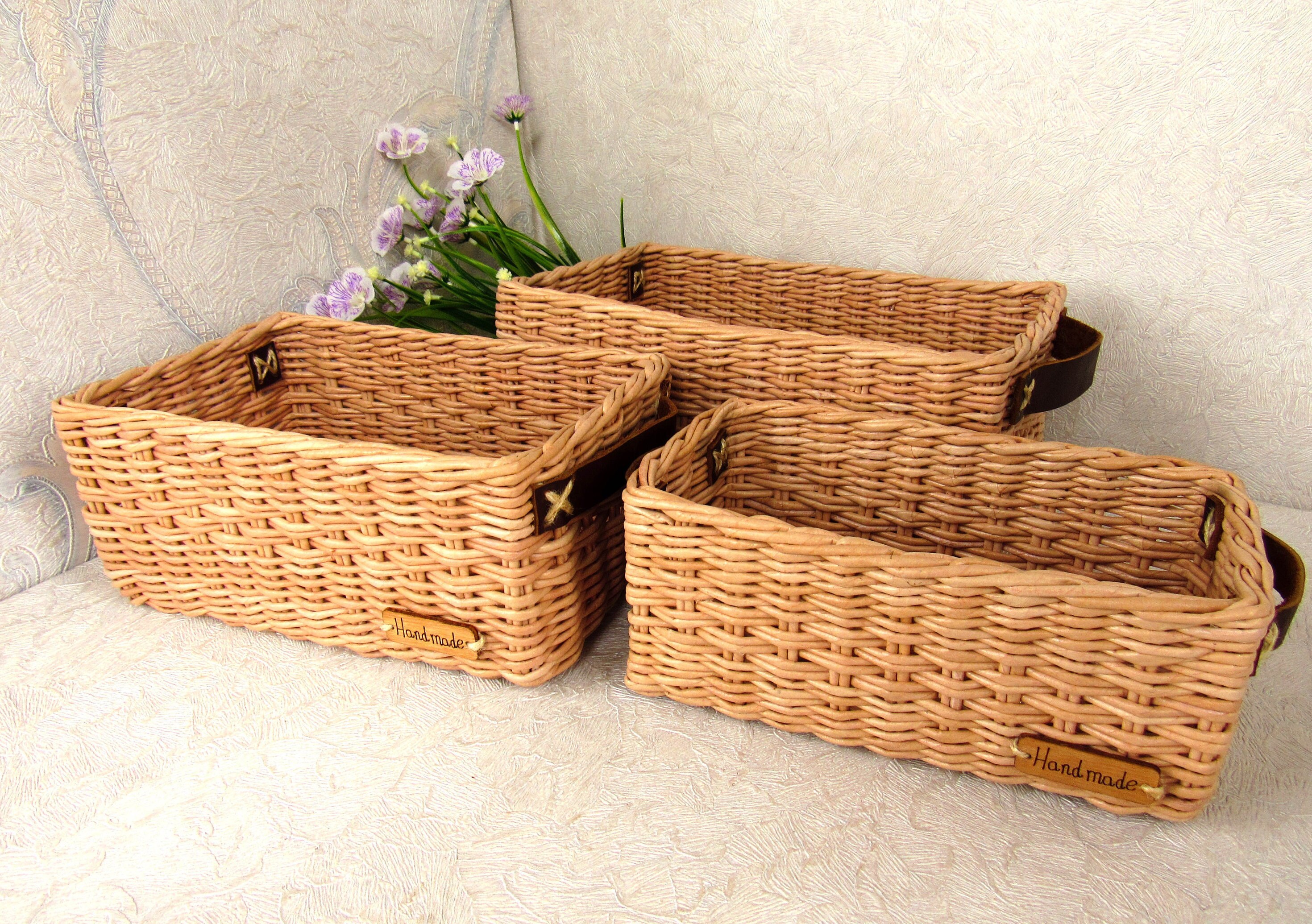 Wicker rectangular basket with decorative leather handles Etsy