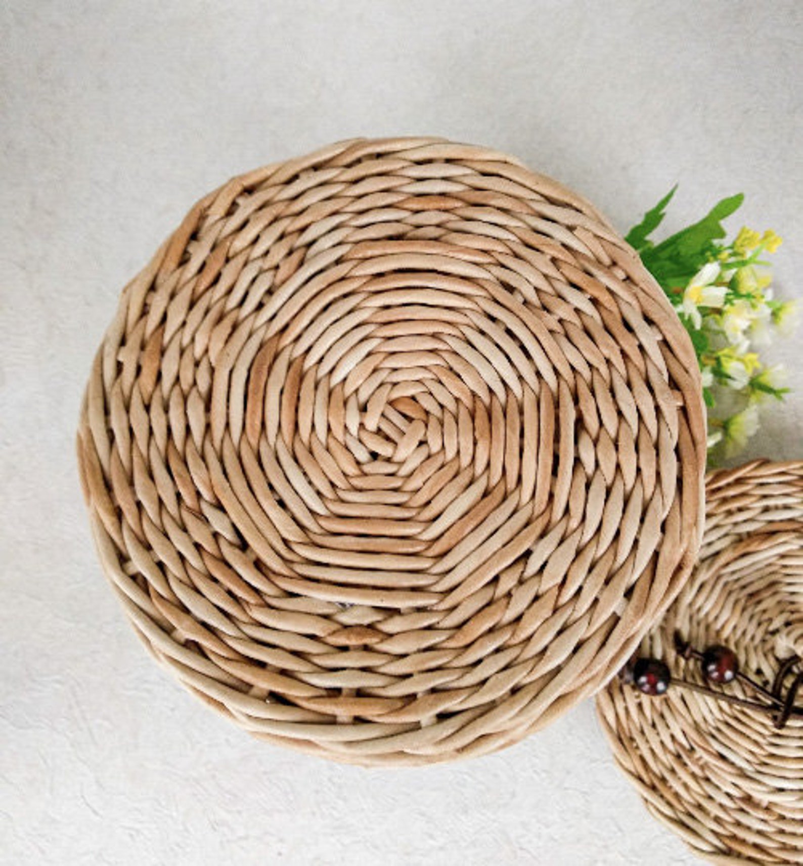 Cottagecore decor wicker basket with lid and leather decor Etsy