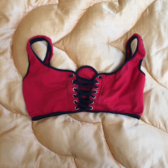1990s Gaultier Red Lace Up Jersey Bra Bralette Cro