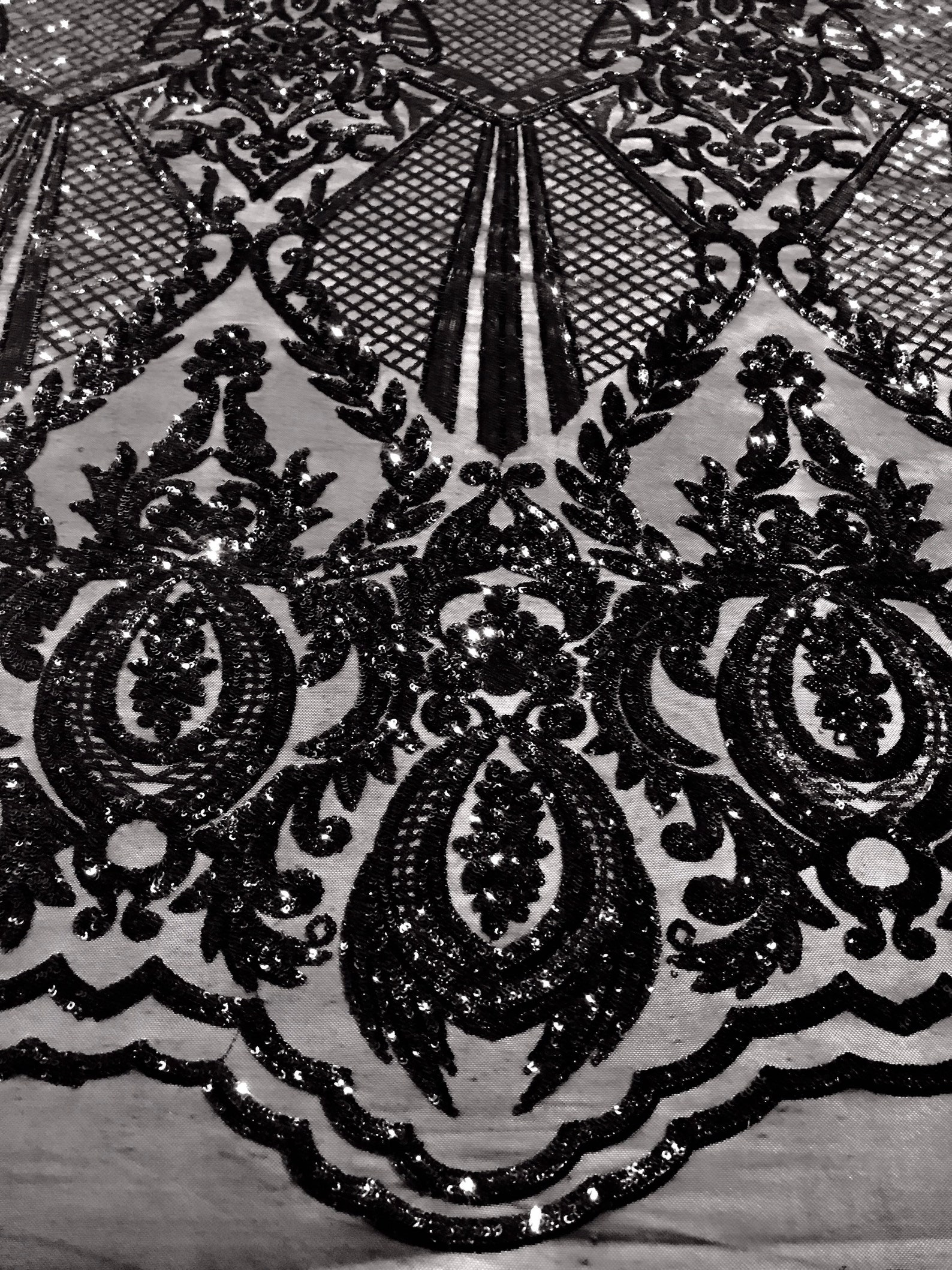 Fringe Sequins Design On A Black 4 Way Stretch Mesh Prom Fabric (1 Yard, Gold) main image 1