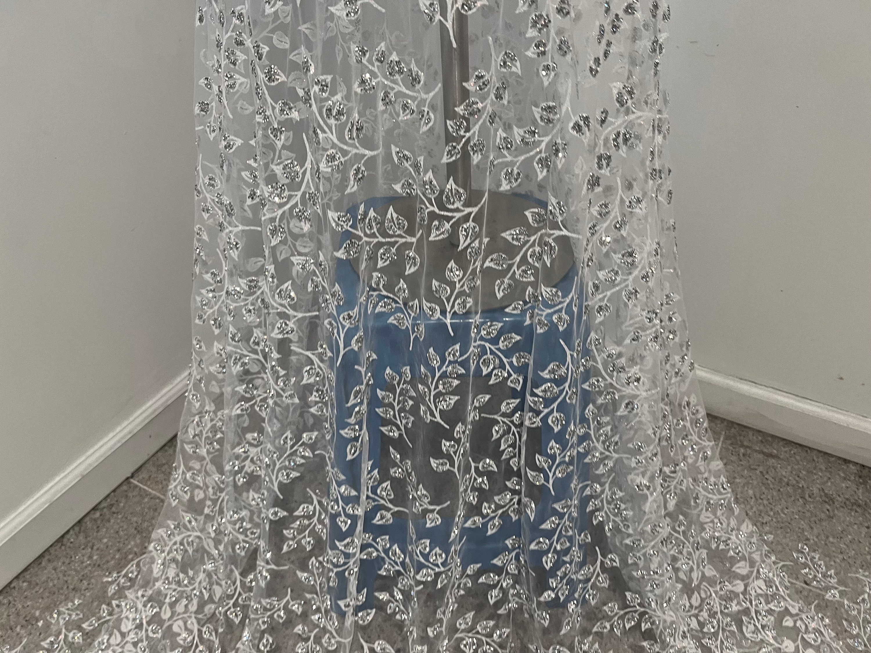 White Rhinestone Mesh Silver White Rhinestones Glitter Lace Mesh Fabric 48” Width Sold by the ...
