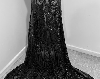 Black 4way stretch sequins lace mesh fabric 50” width sold by the yard