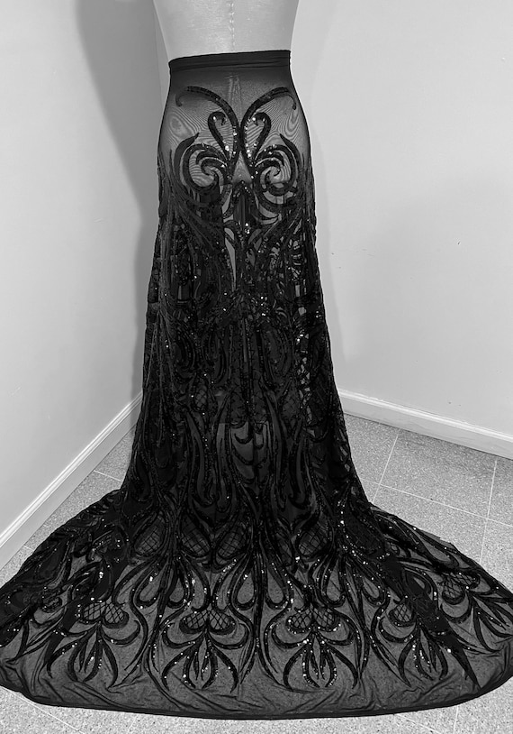 Black 4way stretch sequins lace mesh fabric 50” width sold by the yard