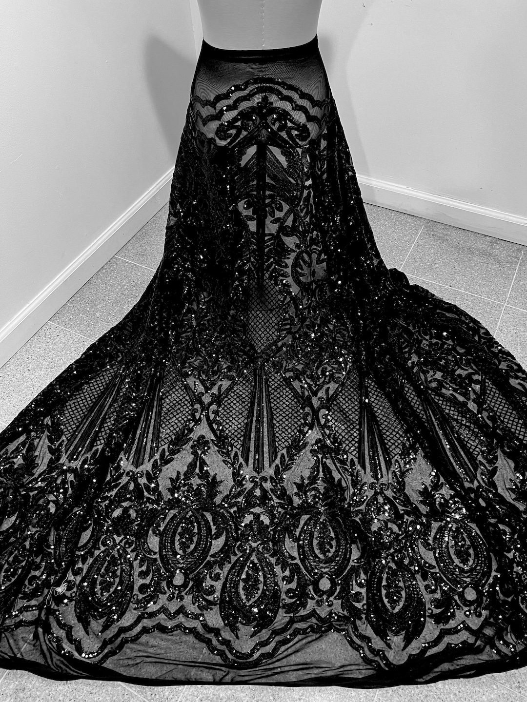 Fringe Sequins Design On A Black 4 Way Stretch Mesh Prom Fabric (1 Yard, Gold) main image 0