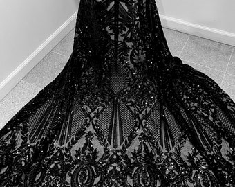 Black 4way stretch sequins lace mesh fabric 50” width sold by the yard