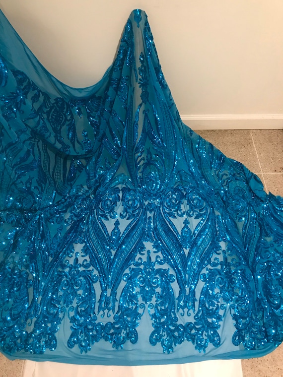 Turquoise 4way stretch sequins lace mesh fabric 50” width sold by the yard