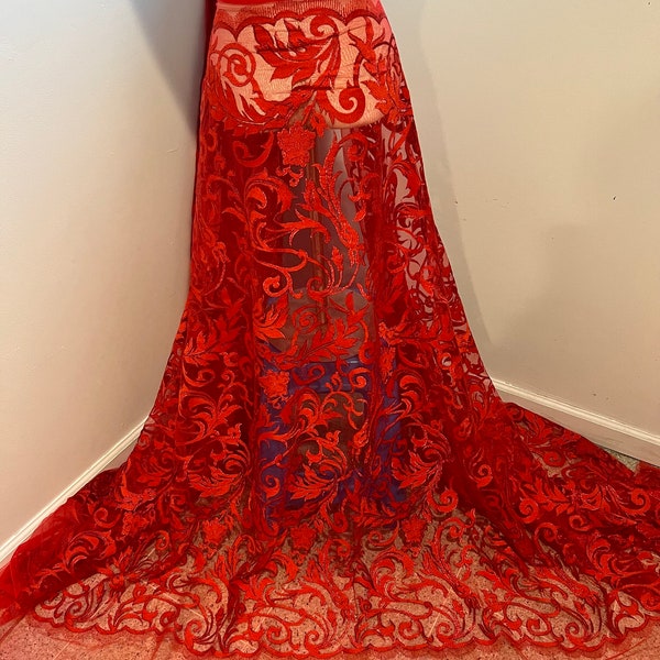 RED  Embroidered bridal lace  fabric 50” width Sold By The Yard