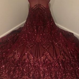 Bordeaux 4-Wege Stretch Pailletten Spitzen Mesh-Gewebe 130 cm Breite, lose Ware