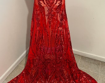 RED 4way stretch sequins lace mesh fabric 50” width sold By The Yard