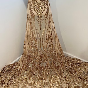 GOLD  4way stretch sequins lace mesh fabric 50” width sold by the yard