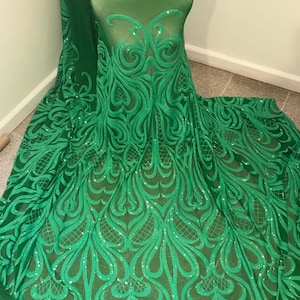 Green 4way stretch mesh w/green sequins  lace fabric 50” width sold by the yard