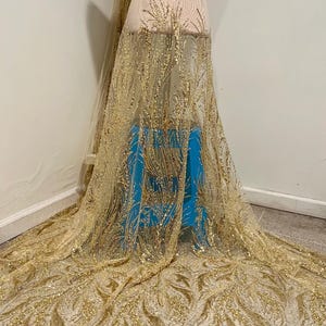 Gold  beaded sequins embroidery bridal lace fabric 50” width sold by the Yard