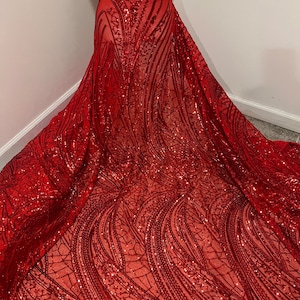 Red 4way stretch sequins lace mesh fabric 50” width sold by the yard