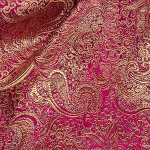 Fuchsia Pink Gold Metallic Paisley Brocade Fabric 54” Width Sold By The Yard