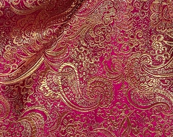 Fuchsia Pink Gold Metallic Paisley Brocade Fabric 54” Width Sold By The Yard
