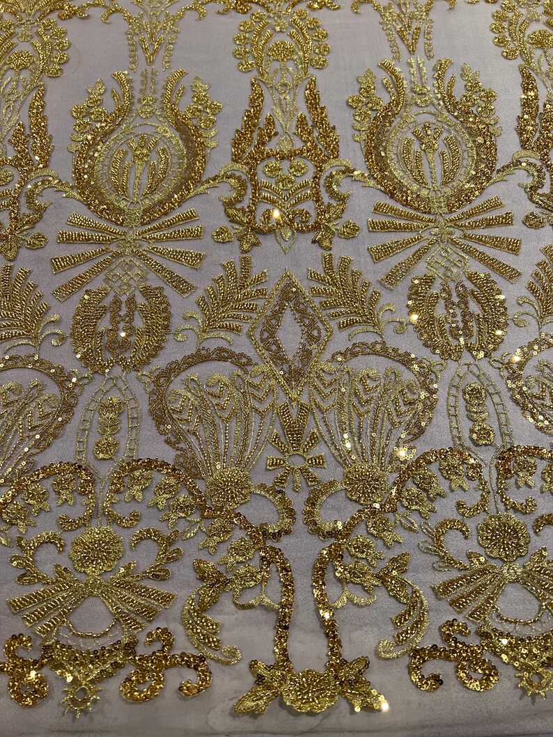 Bright Gold Sequins & Beads on Chiffon Fabric main image 1