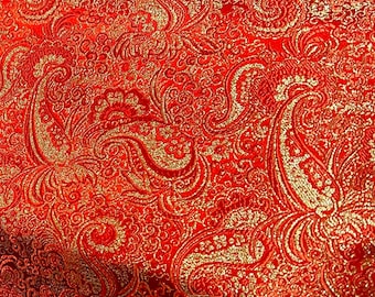 Red Gold Metallic Paisley Brocade Fabric 54” Width Sold By The Yard