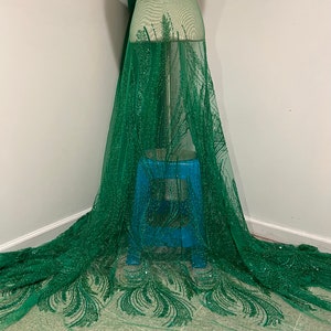 Emerald green Heavy beaded sequins embroidery bridal lace fabric 50” width sold by the Yard