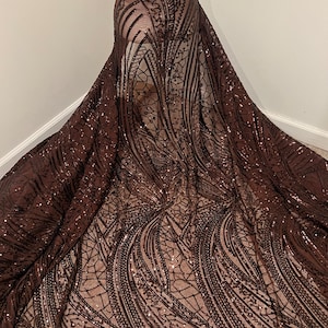 Brown 4way stretch sequins lace mesh fabric 50” width sold by the yard