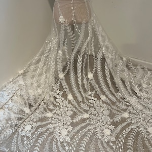 Ivory pearl beaded sequins 3D flower embroidery bridal lace fabric 50” width sold by the Yard