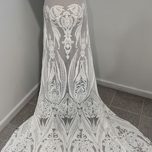 White 4way stretch sequins lace mesh fabric 50” width sold by the yard