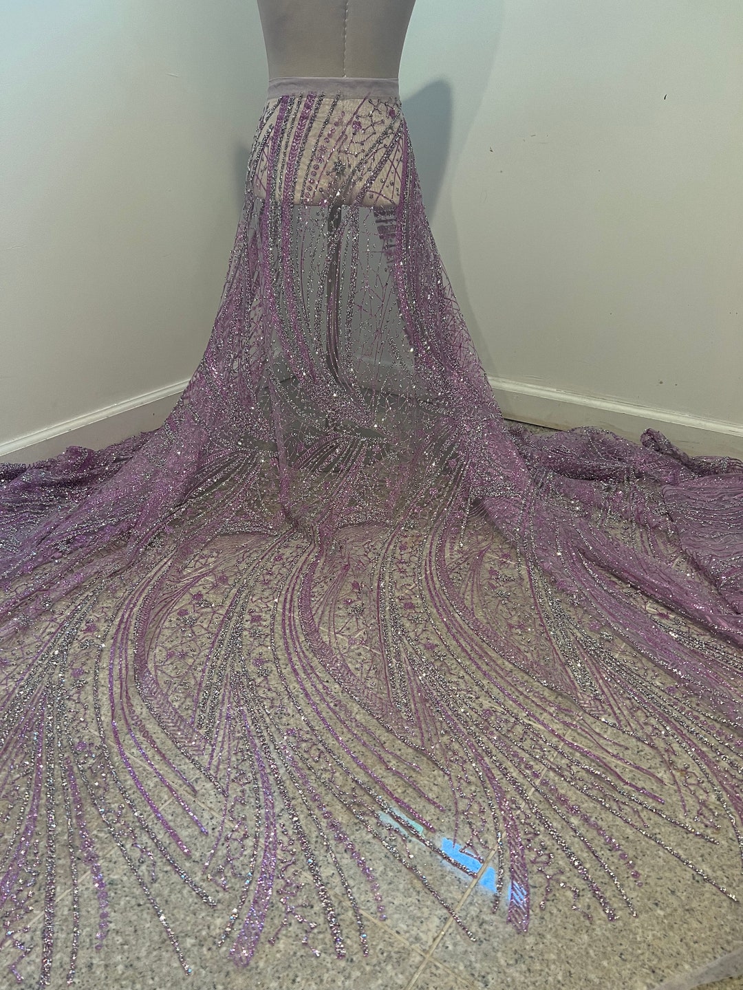 Lavender Silver Rhinestones Glitter Lace Mesh Fabric 48 Width Sold by