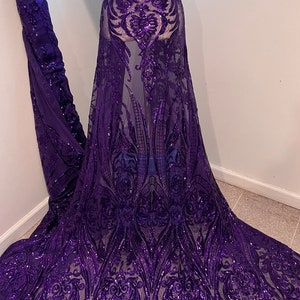 Purple 4way stretch sequins lace mesh fabric 50” Wide sold by the yard