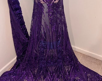 Purple 4way stretch sequins lace mesh fabric 50” Wide sold by the yard