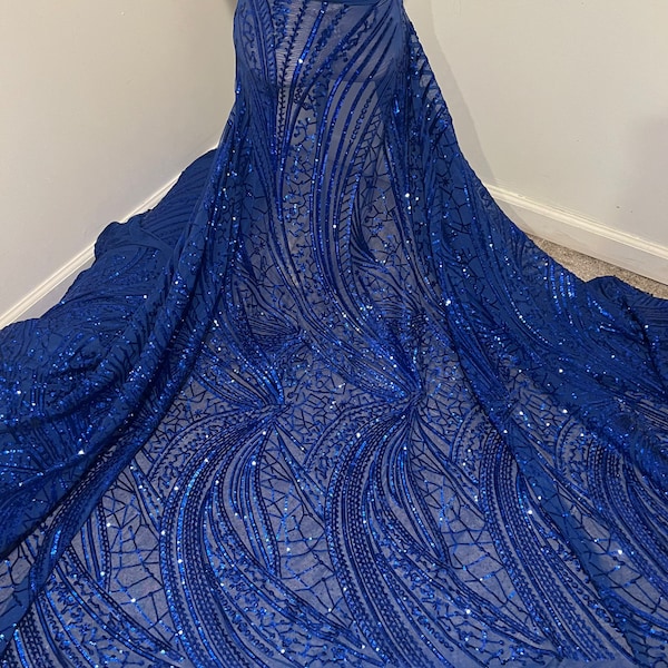 Royal blue 4way stretch sequins lace mesh fabric 50” width sold by the yard