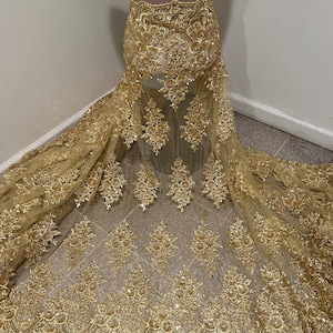 Gold heavy beaded sequins rhinestones embroidery bridal lace fabric 50” width sold by the Yard