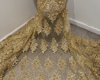 Gold heavy beaded sequins rhinestones embroidery bridal lace fabric 50” width sold by the Yard