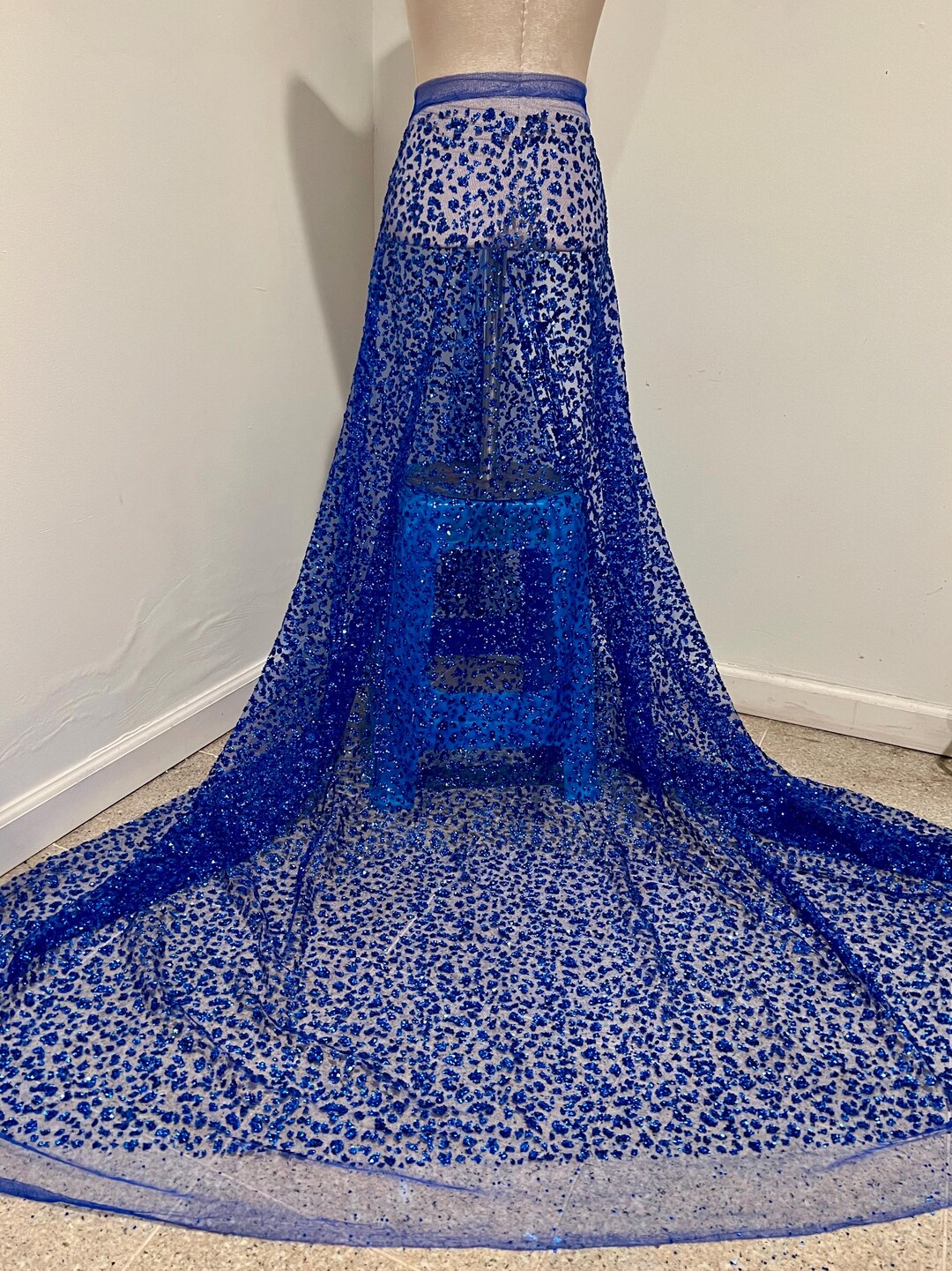 Royal Blue Rhinestones Glitter Lace Mesh Fabric 48” Width Sold by the ...