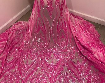 Pink iridescent 4way stretch sequins  lace mesh fabric 50” Wide sold by the yard