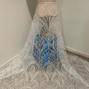 White heavy beaded sequins embroidery bridal lace wedding fabric 50” width sold by the Yard