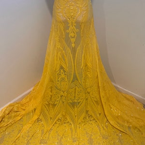 Yellow 4way stretch sequins lace mesh fabric 50” width sold by the yard