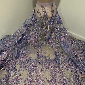 Lavender iridescent 1way stretch sequins embroidered lace mesh fabric 50” width sold by the yard