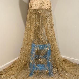 Gold Beaded Sequins  Embroidery Bridal lace Fabric 50” Width Sold By The Yard